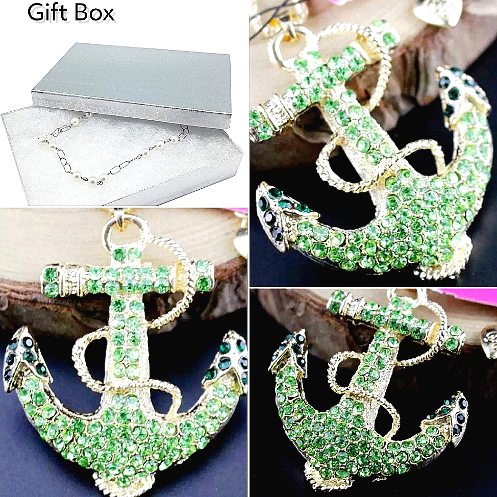 Gold Green Crystal Anchor Pendant Necklace